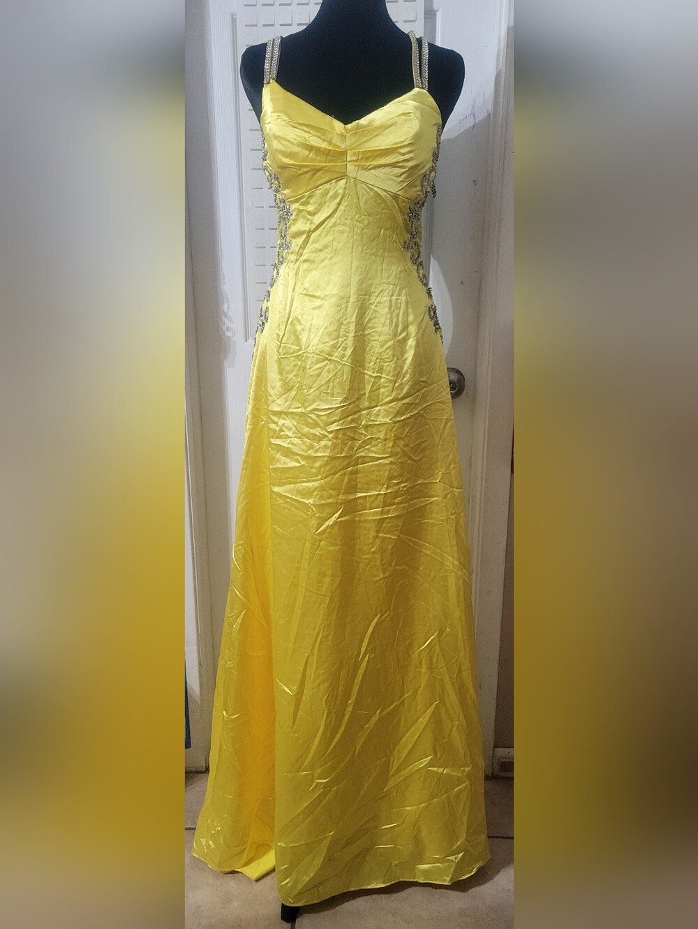 Betsy & Adam Canary Yellow Beaded Satin Evening Gown Size 10